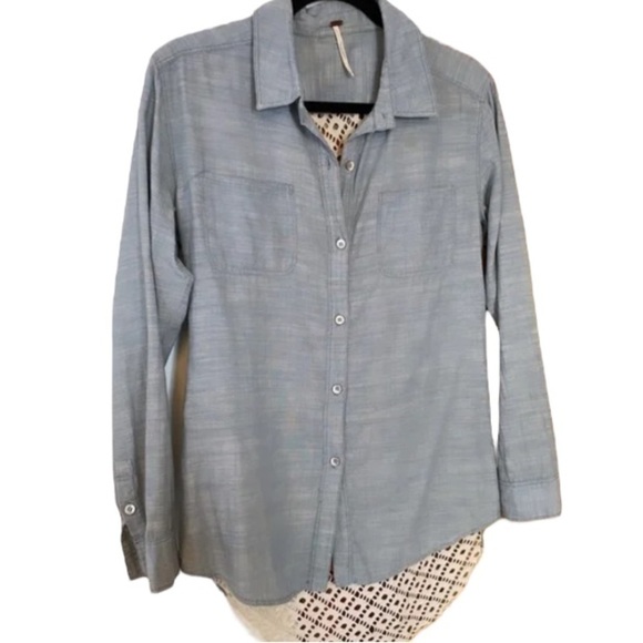 Free People Chambray Top Sz S Denim Lace - Picture 3 of 6
